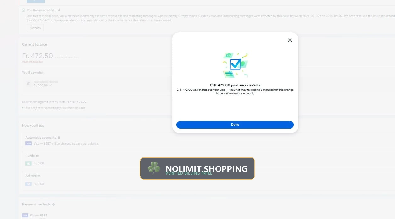 Meta Ads Post-Recovery Spend Billing Activity — CHF 472.00 Cleared Settlement